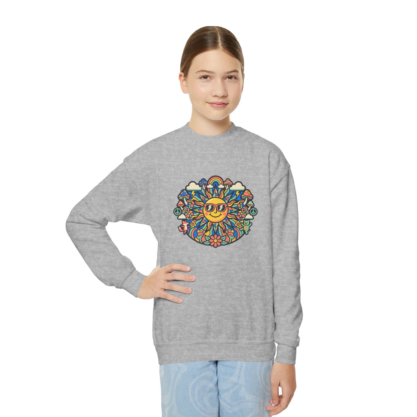 Youth Y2K Aesthetic - Crewneck Sweatshirt — Colorful Retro Sun & Floral Graphic
