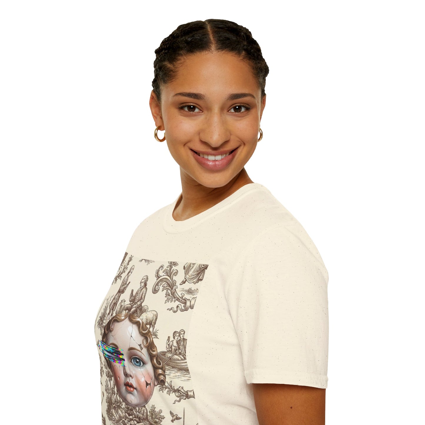 Vintage Doll Face Tee with Glitch Paint Splash