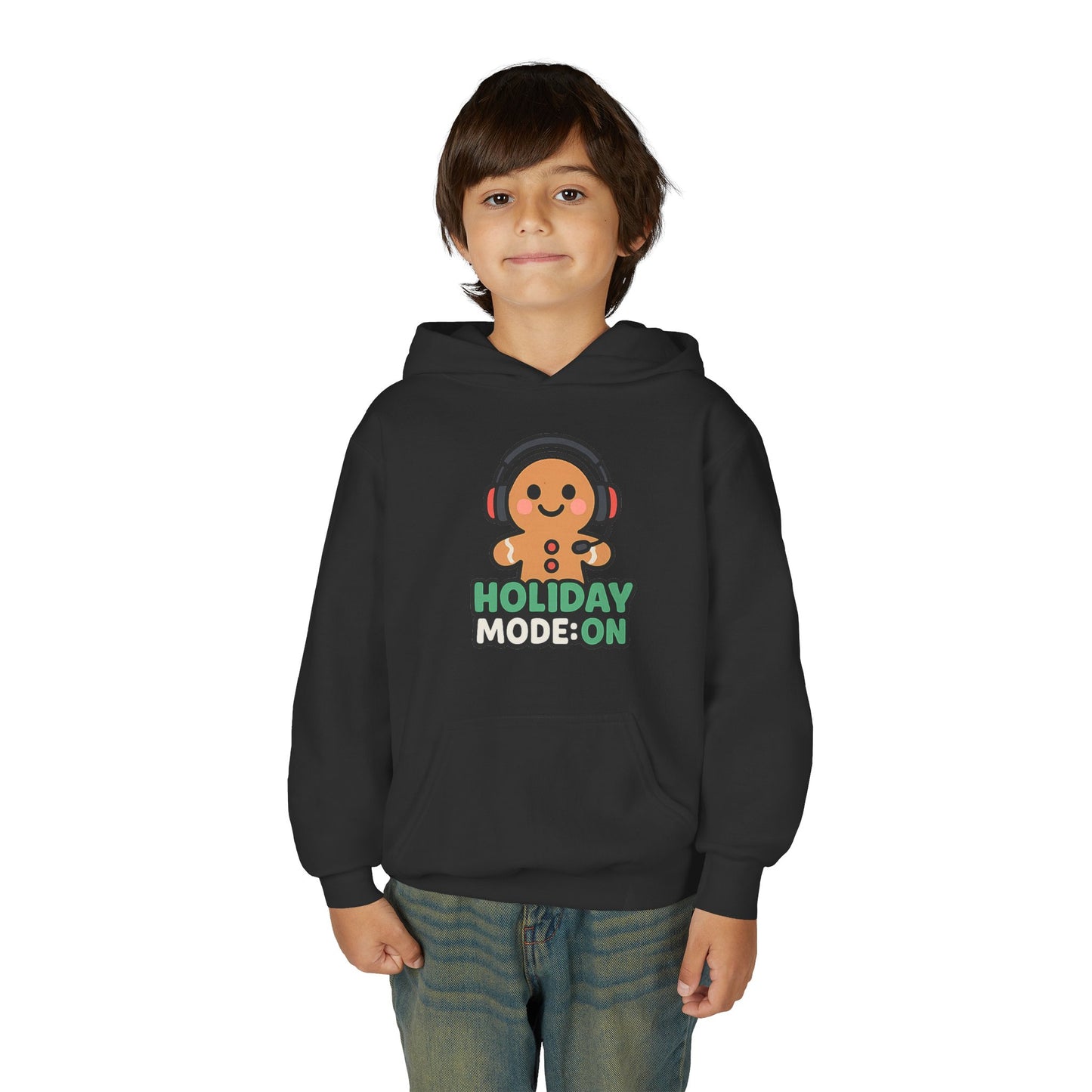 Youth Hoodie — 'Holiday Mode On' Gingerbread Headphone Christmas Sweatshirt