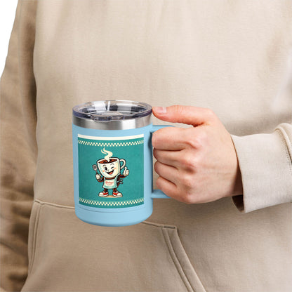 Perky’s Cafe KS Retro Teal 15oz Stainless Tumbler w/ Handle-  Mug Tumbler — Cute Smiling Coffee Cup Character, 15oz Travel Mug (free shipping)