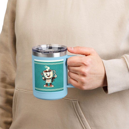 Perky’s Cafe KS Retro Teal 15oz Stainless Tumbler w/ Handle-  Mug Tumbler — Cute Smiling Coffee Cup Character, 15oz Travel Mug (free shipping)