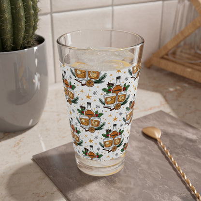 Whiskey Holiday Mixing Glass — 16oz Festive Cocktail Mixing Glass with Bottle & Glass Pattern (Free Shipping)