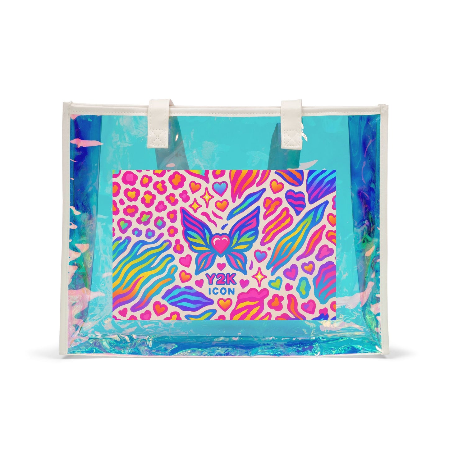 2000’s Holographic Beach Tote Bag — Iridescent Clear Summer Beach Bag