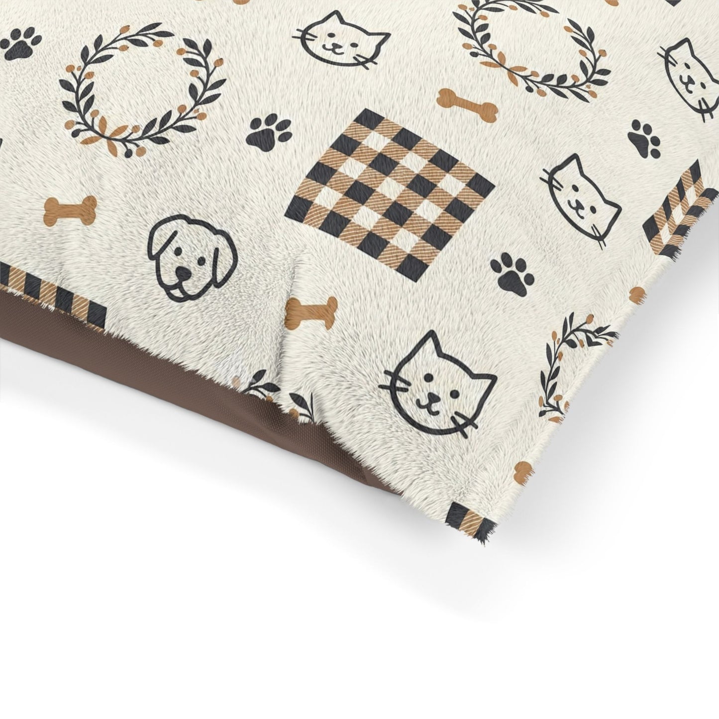 Plaid Paws Plush Pet Bed — Cozy Dog & Cat Cushion with Paw, Bone and Wreath Pattern