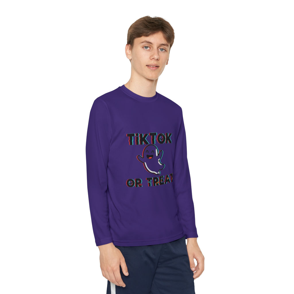 TikTok Halloween Long Sleeve Tee, Youth Costume Shirt, Spooky Apparel, Trick or Treat Top, Youth Ghost Halloween Shirt