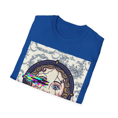 Glitch retro cracked porcelain doll face- Rococo Smartphone Toile - T-Shirt — Retro Mythology Art Tee