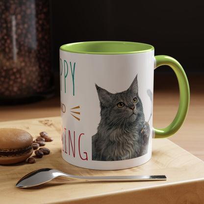 Happy and Dazzling smoking Cat Coffee Mug — Cute Cat smoking a cigarette Illustration Accent Mug (11/15 oz) (free shipping)