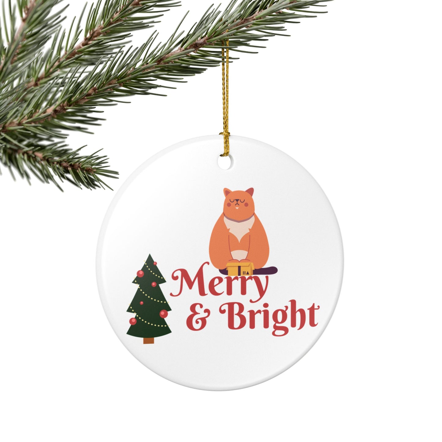 Merry & Bright Cat Ceramic Ornament — Cute Christmas Tree Holiday Decoration