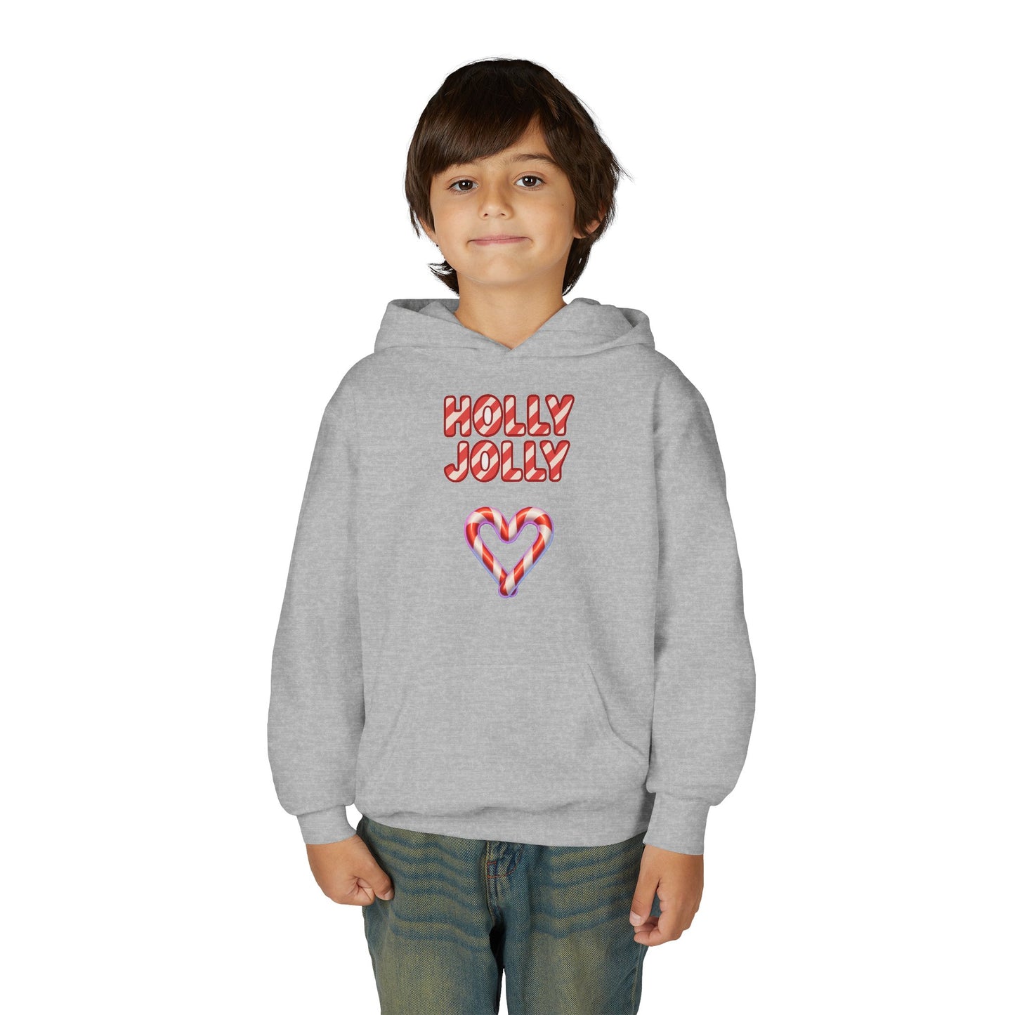 Youth Hoodie — "Holly Jolly" Candy Cane Heart Christmas Sweatshirt