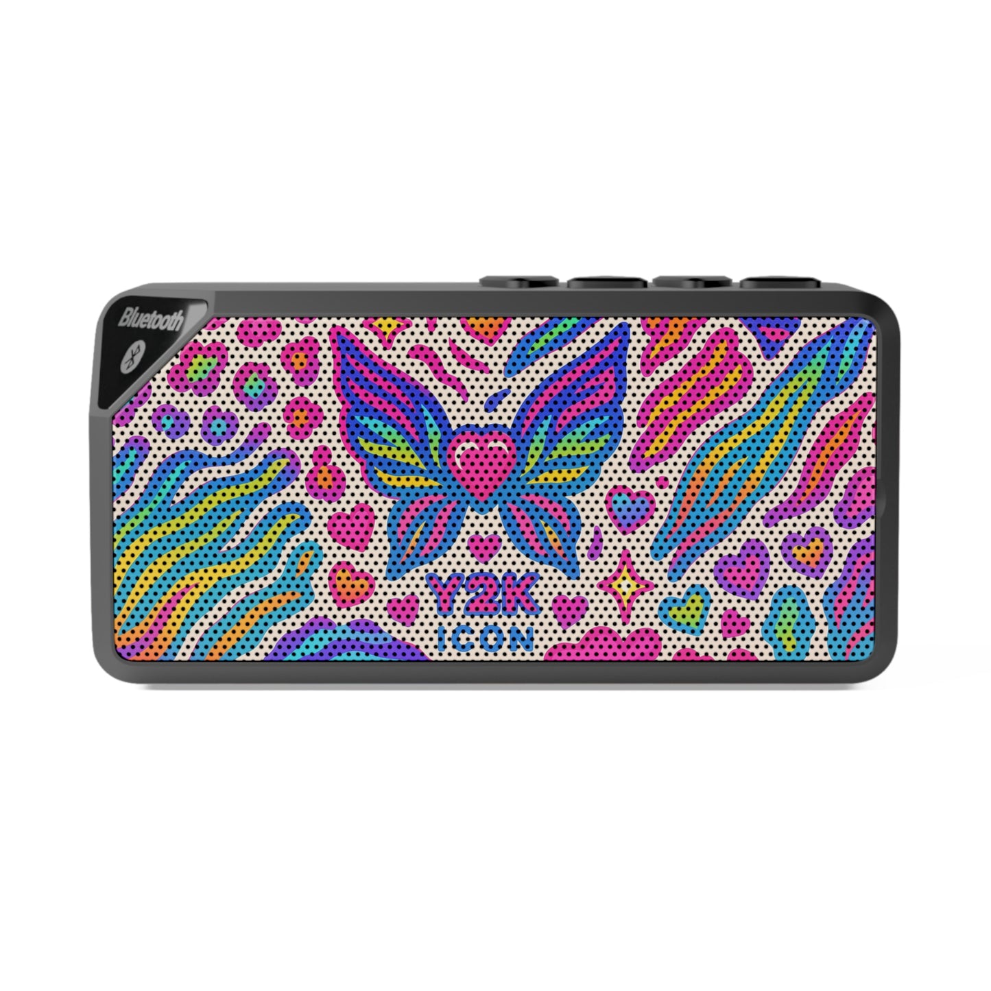 90s Rainbow sticker animal-print pattern (leopard + zebra + tiger), neon colors - Butterfly Heart Bluetooth Speaker — Colorful Rainbow Portable Speaker