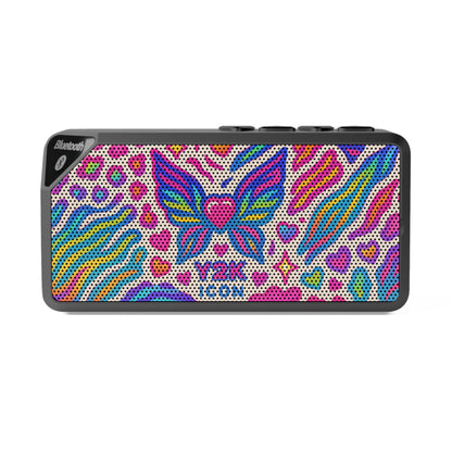 90s Rainbow sticker animal-print pattern (leopard + zebra + tiger), neon colors - Butterfly Heart Bluetooth Speaker — Colorful Rainbow Portable Speaker