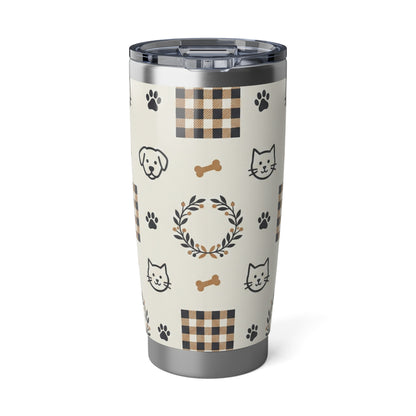 20oz Tumbler - Cozy Plaid Pets Travel Cup (Dog & Cat Paw, Bone & Wreath Design)