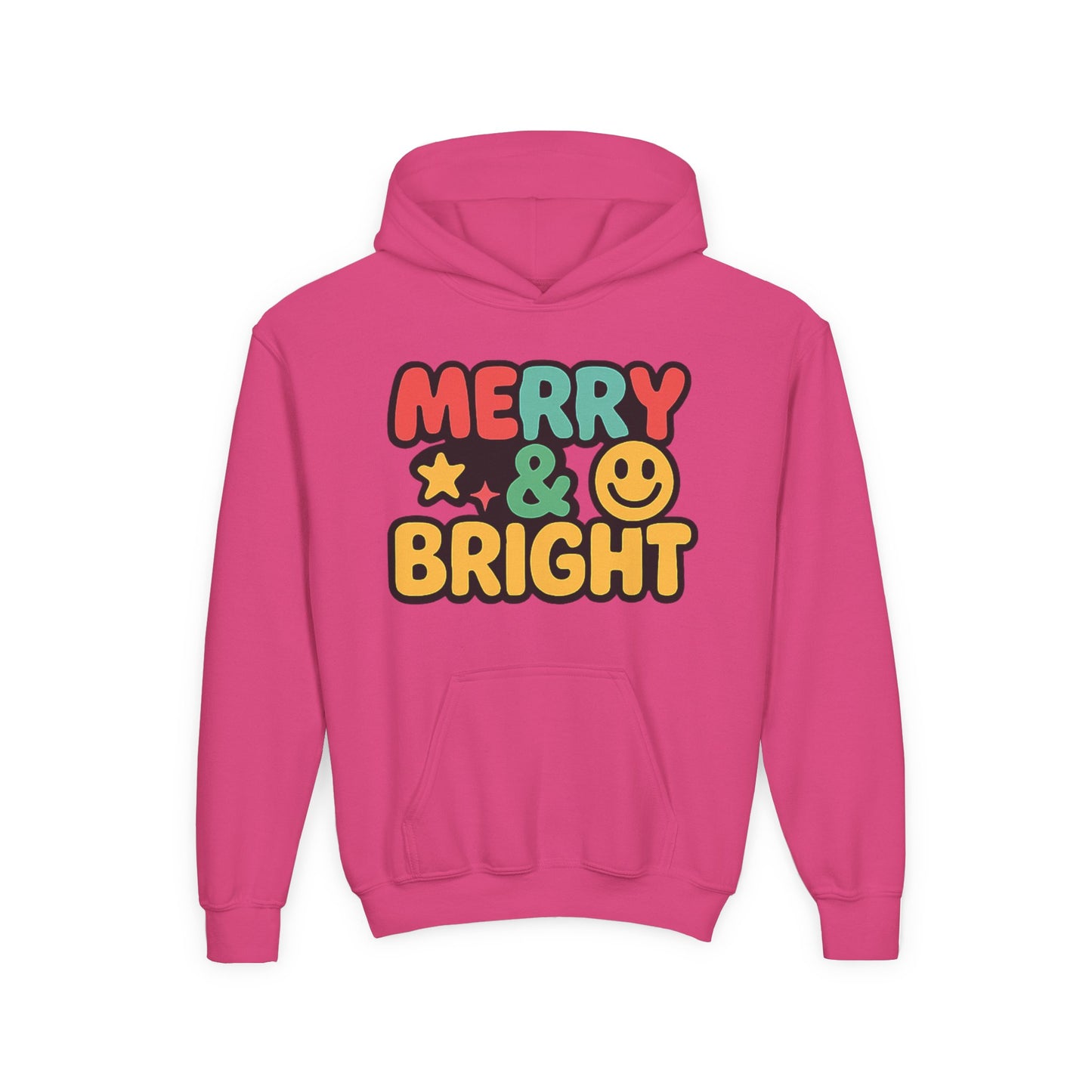 Youth Hoodie — 'Merry & Bright' Colorful Holiday Kids Sweatshirt