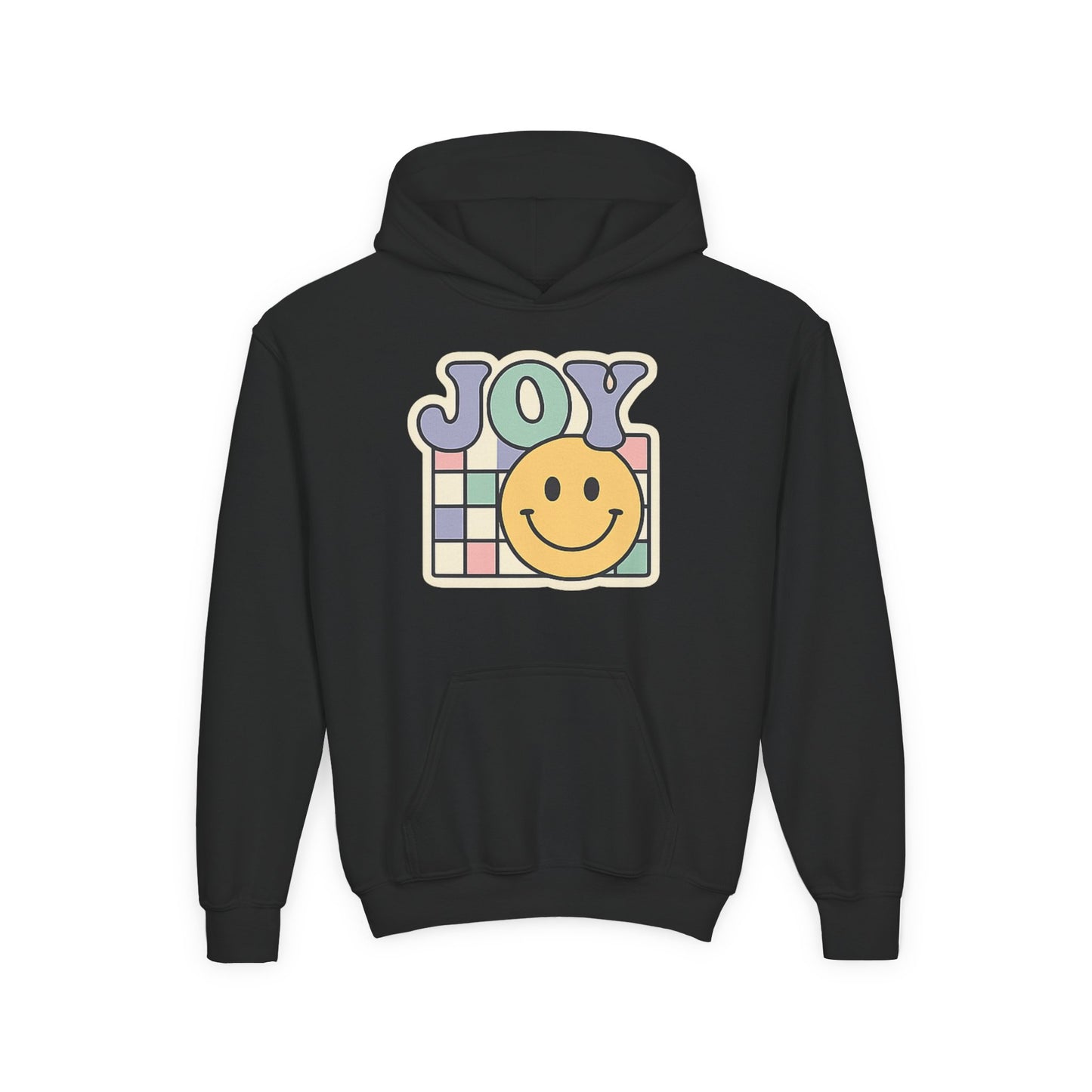 Girls Youth Hoodie – Retro 'JOY' Smiley Graphic Kids Sweatshirt