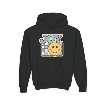 Girls Youth Hoodie – Retro 'JOY' Smiley Graphic Kids Sweatshirt