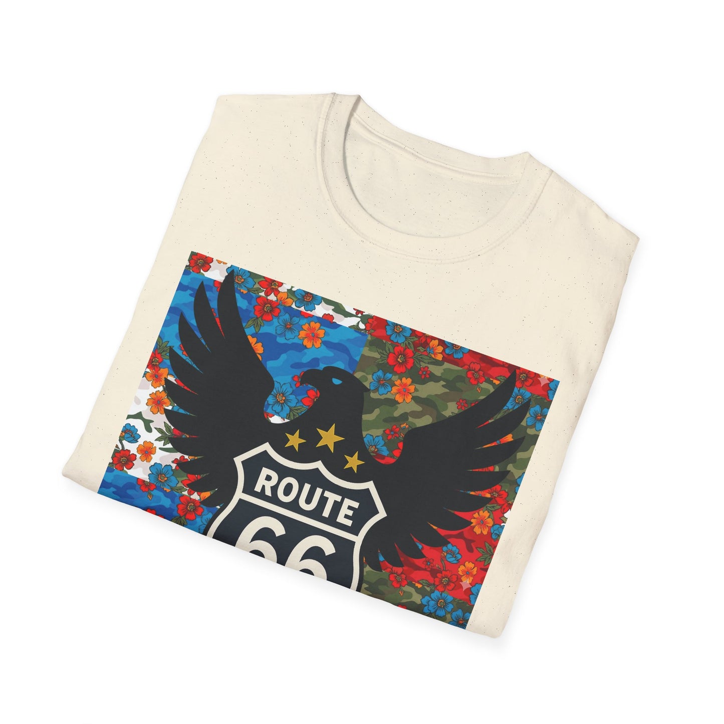 Route 66 Made in USA T-Shirt — Vintage Eagle Floral Roadtrip Tee- camo flower combo T-shirt