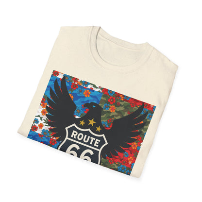 Route 66 Made in USA T-Shirt — Vintage Eagle Floral Roadtrip Tee- camo flower combo T-shirt