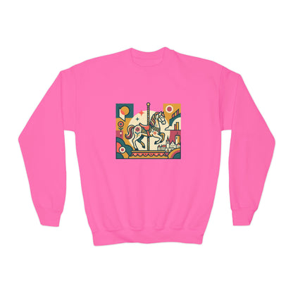 Youth Crewneck Sweatshirt — Retro Carousel Horse Graphic