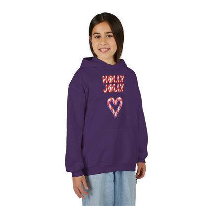 Youth Hoodie — "Holly Jolly" Candy Cane Heart Christmas Sweatshirt
