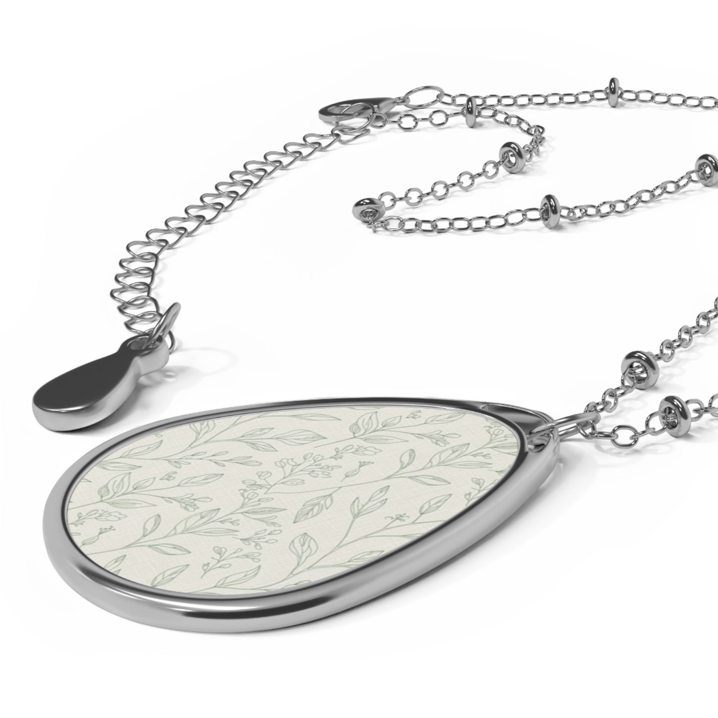 Oval Teardrop Pendant Necklace — Sterling Silver Floral Inlay