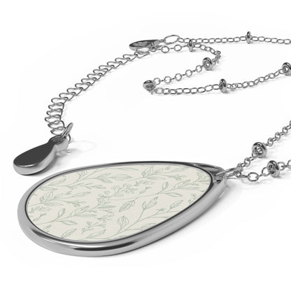 Oval Teardrop Pendant Necklace — Sterling Silver Floral Inlay