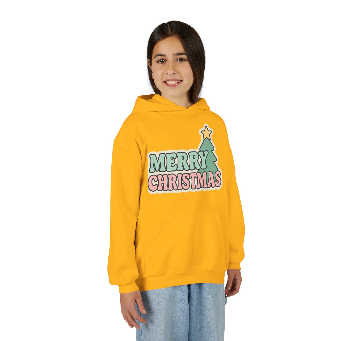 Kids youth Merry Christmas Hoodie — Pastel Tree Holiday Pullover