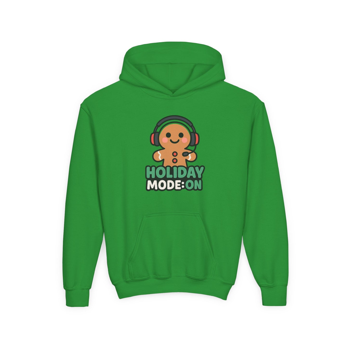 Youth Hoodie — 'Holiday Mode On' Gingerbread Headphone Christmas Sweatshirt