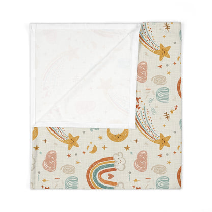 Boho Rainbow Baby Swaddle Blanket – Moon, Stars & Shooting Cloud Nursery Wrap