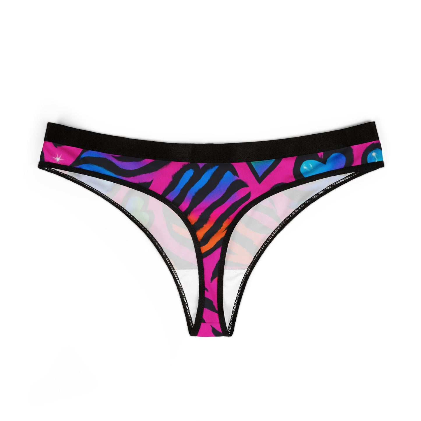 bright 90s rainbow sticker animal-print pattern (leopard + zebra + tiger), neon colors, sparkles, hearts, seamless repeat tile Women's Thong – Colorful Animal Print Lingerie