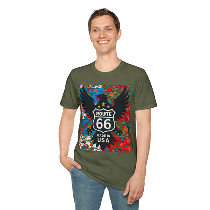 Route 66 Made in USA T-Shirt — Vintage Eagle Floral Roadtrip Tee- camo flower combo T-shirt
