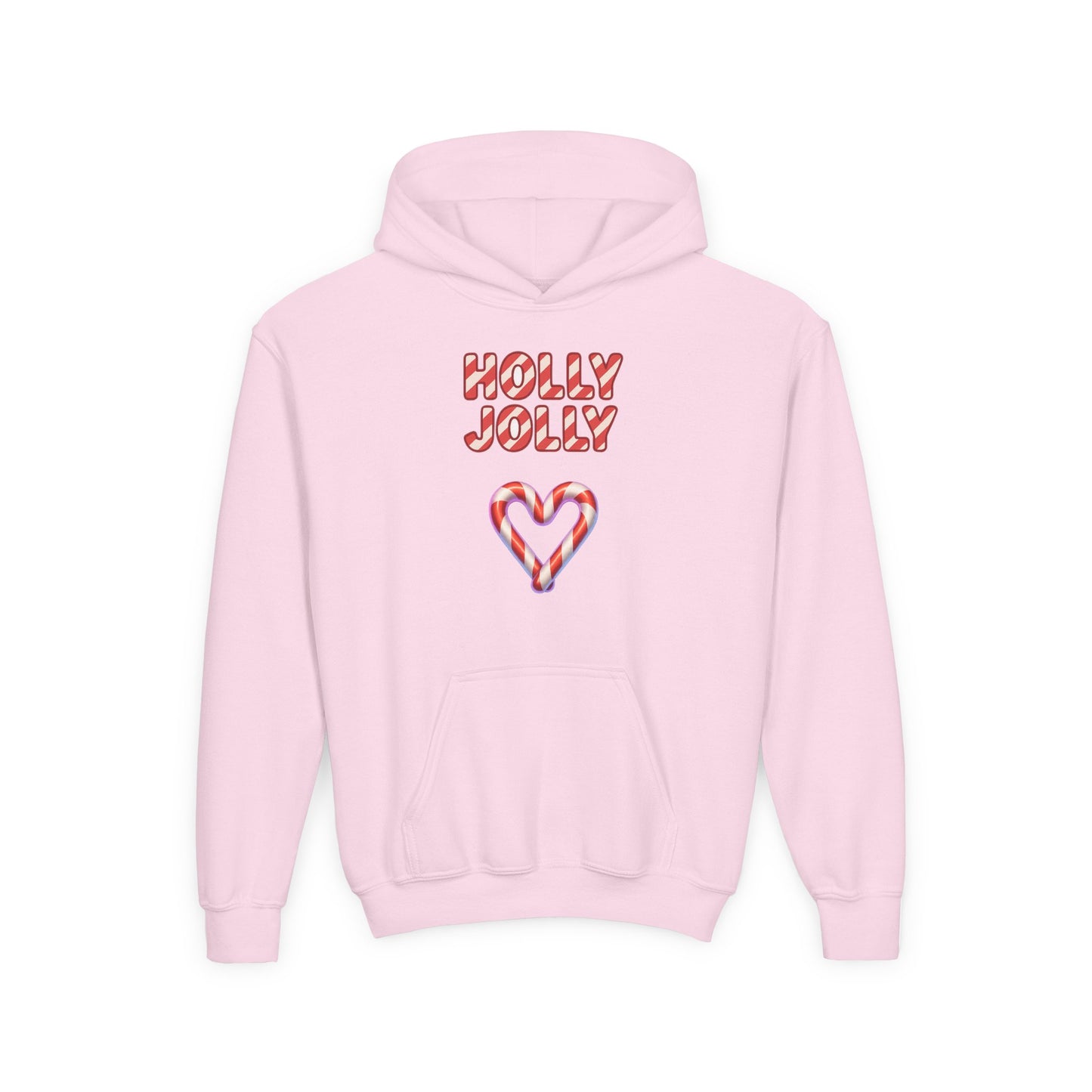 Youth Hoodie — "Holly Jolly" Candy Cane Heart Christmas Sweatshirt