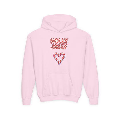 Youth Hoodie — "Holly Jolly" Candy Cane Heart Christmas Sweatshirt