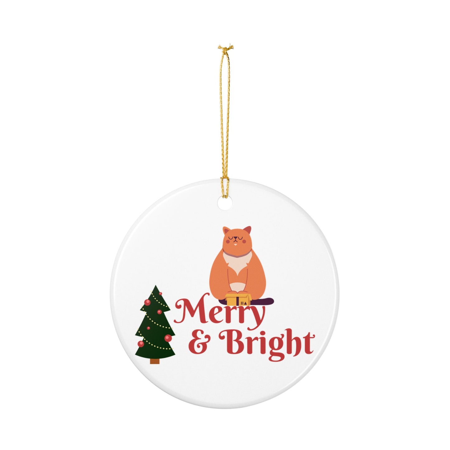 Merry & Bright Cat Ceramic Ornament — Cute Christmas Tree Holiday Decoration