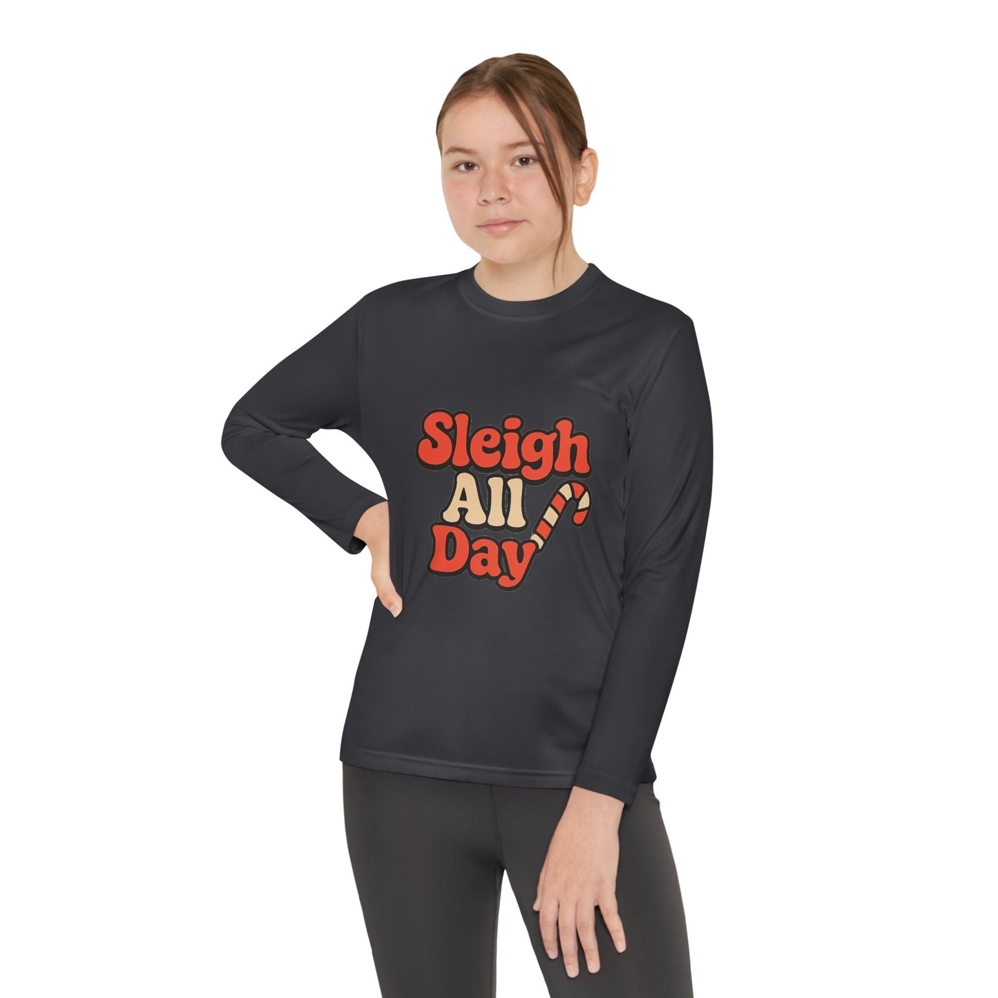 Youth Long Sleeve Tee — "Sleigh All Day" Christmas Candy Cane Holiday Shirt