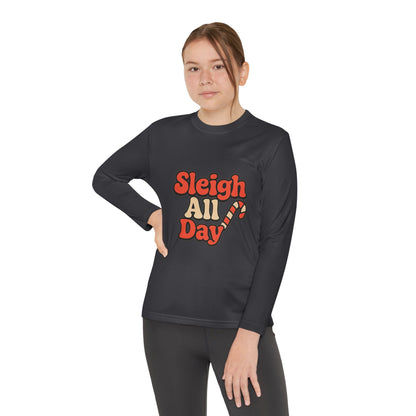 Youth Long Sleeve Tee — "Sleigh All Day" Christmas Candy Cane Holiday Shirt