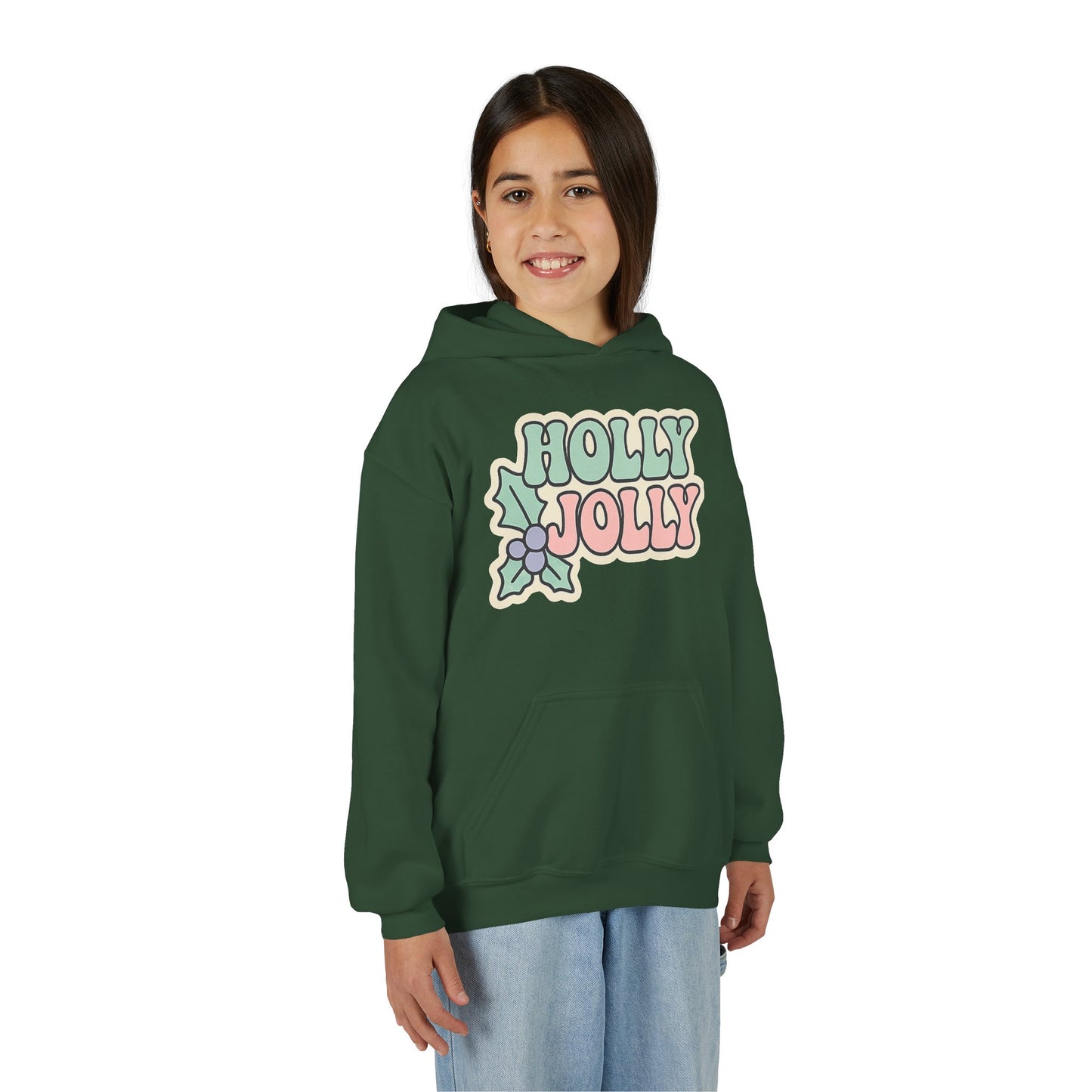 Girls Youth Hoodie — 'Holly Jolly' Pastel Christmas Holiday Sweatshirt