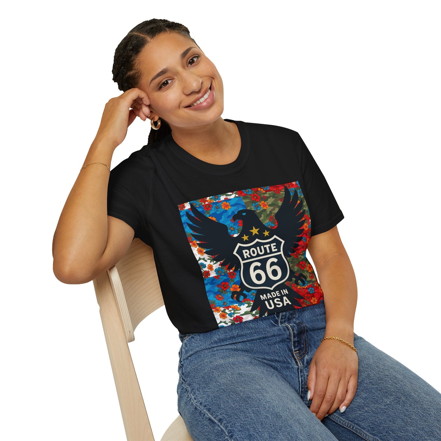 Route 66 Made in USA T-Shirt — Vintage Eagle Floral Roadtrip Tee- camo flower combo T-shirt