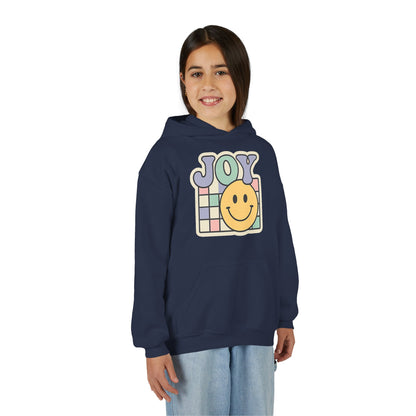 Girls Youth Hoodie – Retro 'JOY' Smiley Graphic Kids Sweatshirt