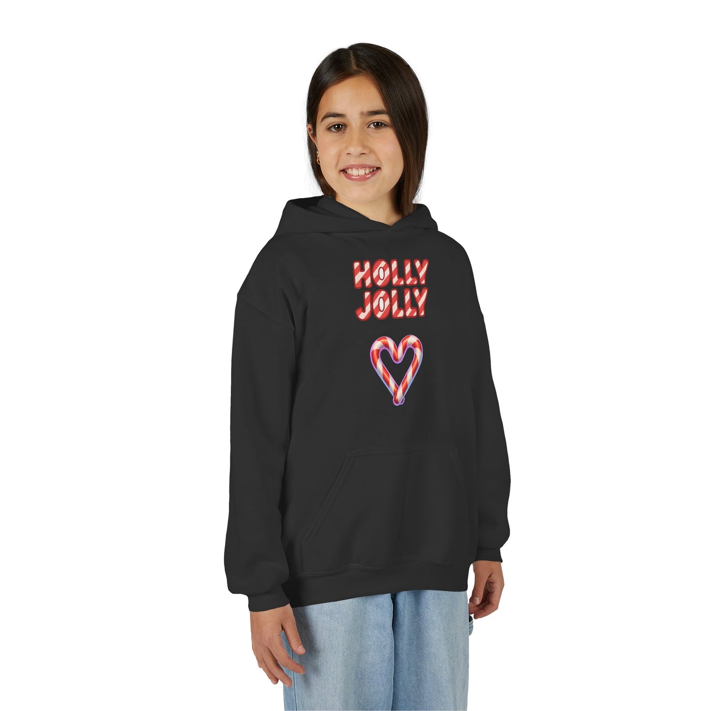 Youth Hoodie — "Holly Jolly" Candy Cane Heart Christmas Sweatshirt