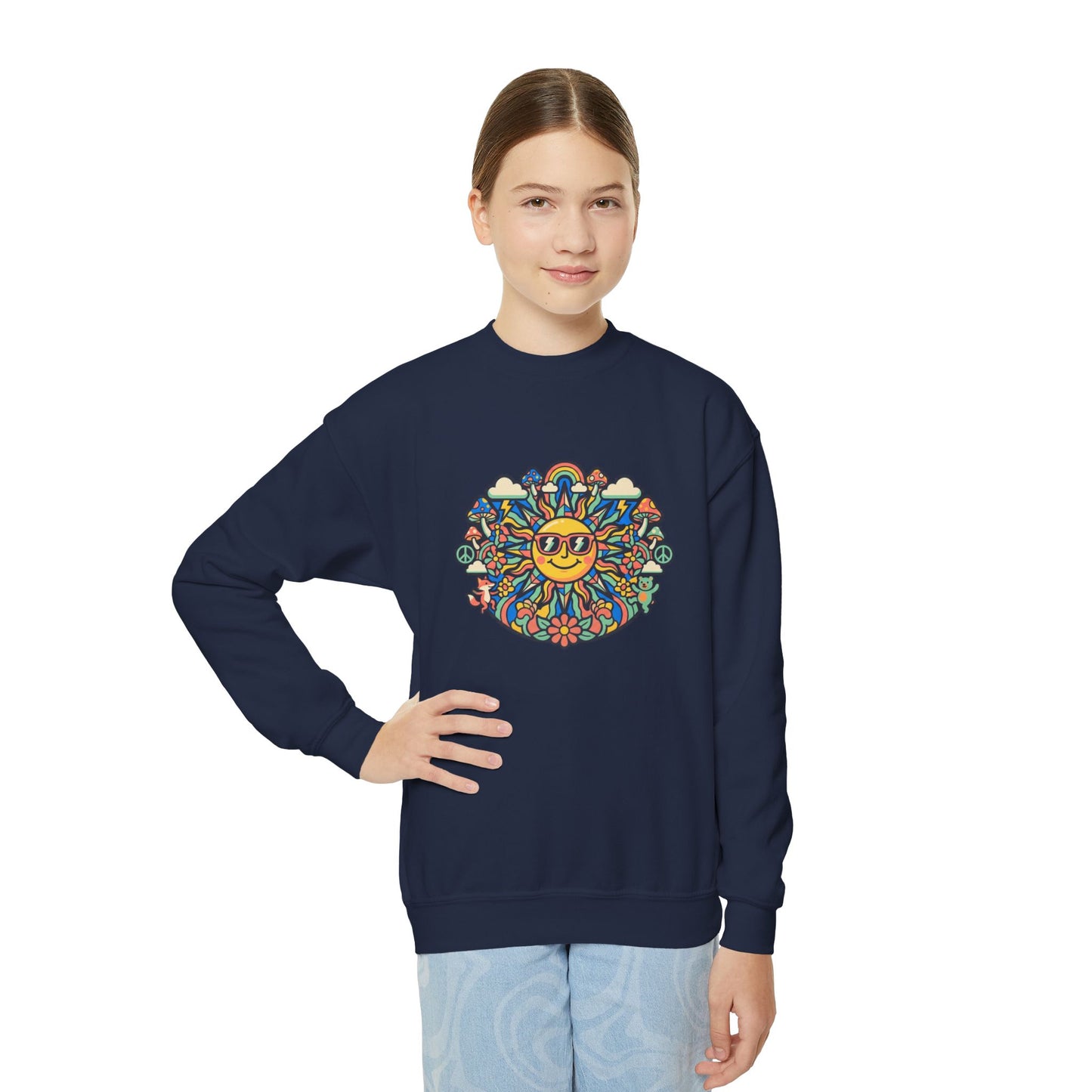 Youth Y2K Aesthetic - Crewneck Sweatshirt — Colorful Retro Sun & Floral Graphic