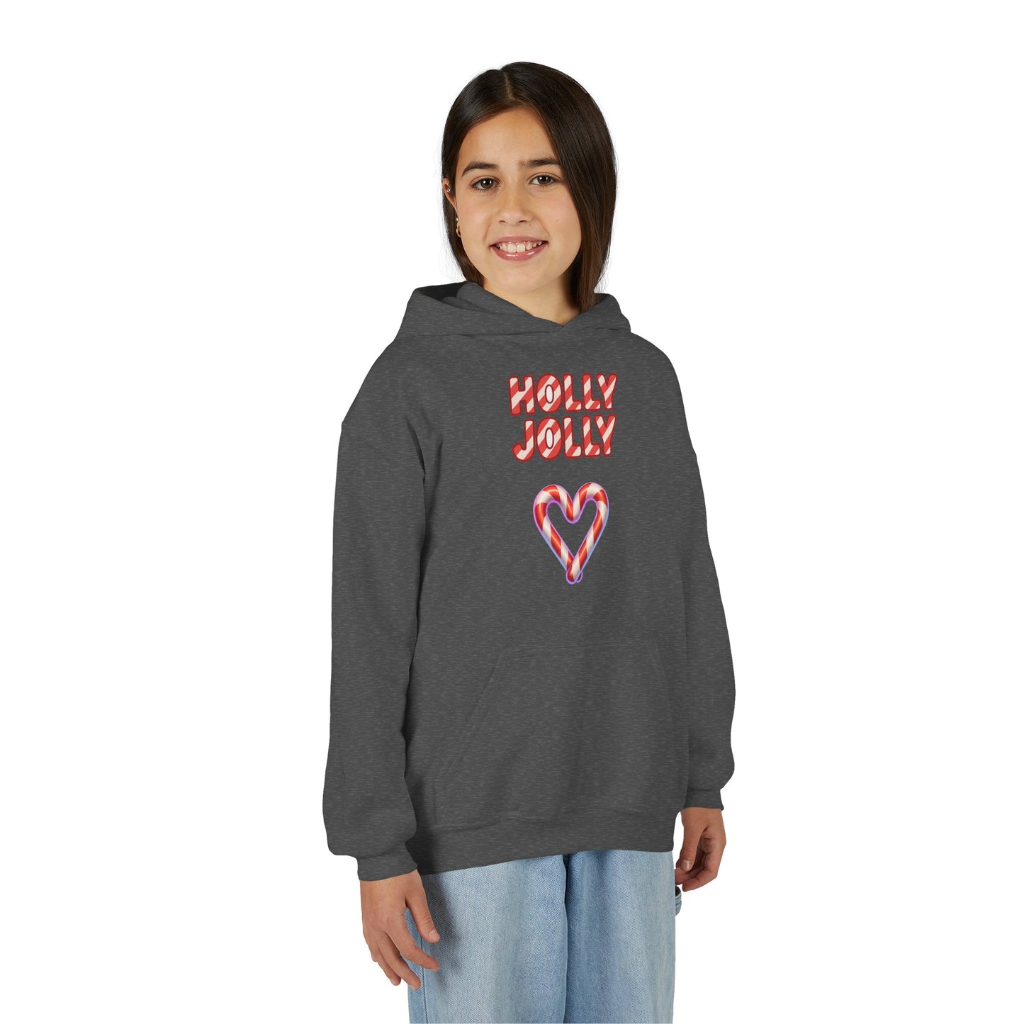 Youth Hoodie — "Holly Jolly" Candy Cane Heart Christmas Sweatshirt