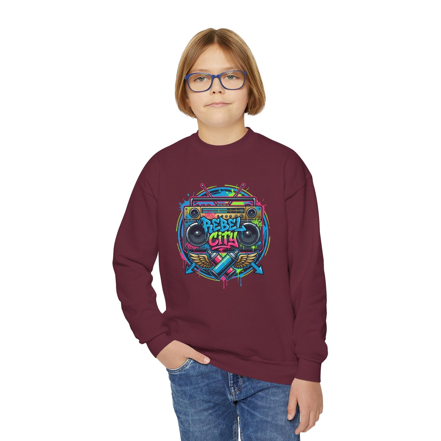 Youth Crewneck Sweatshirt — Vibrant Retro Boombox “Rebel With” spray paint Graphic