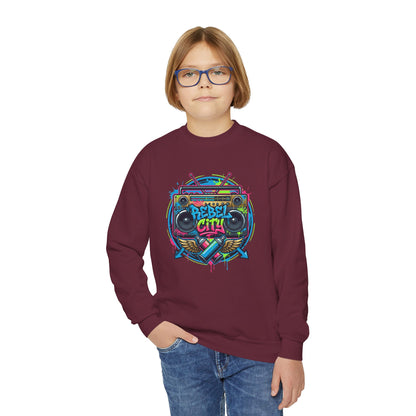 Youth Crewneck Sweatshirt — Vibrant Retro Boombox “Rebel With” spray paint Graphic