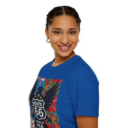 Route 66 Made in USA T-Shirt — Vintage Eagle Floral Roadtrip Tee- camo flower combo T-shirt