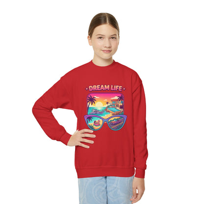 Girls Youth Crewneck Sweatshirt - "Dream Life" Tropical Sunset Graphic