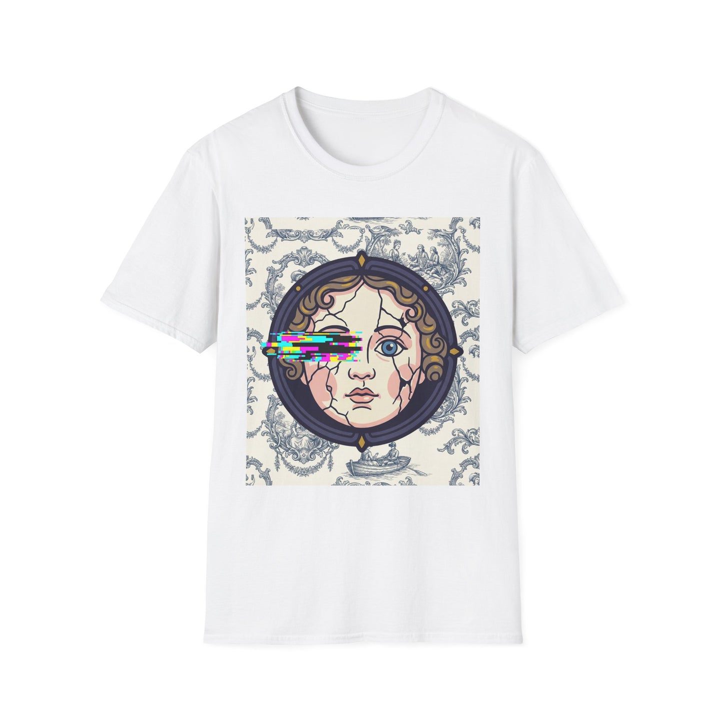 Glitch retro cracked porcelain doll face- Rococo Smartphone Toile - T-Shirt — Retro Mythology Art Tee