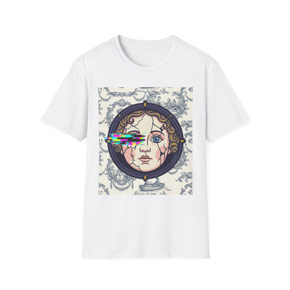 Glitch retro cracked porcelain doll face- Rococo Smartphone Toile - T-Shirt — Retro Mythology Art Tee