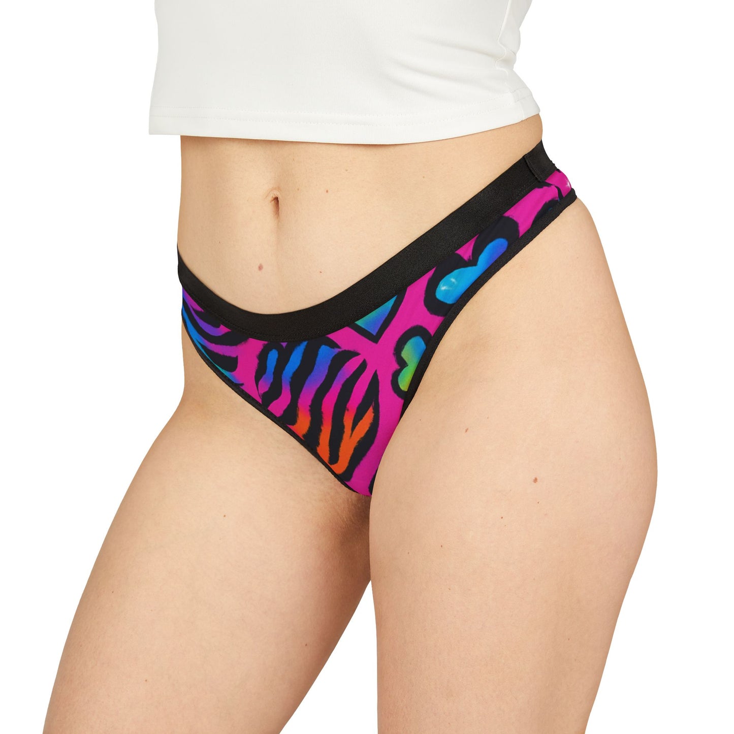 bright 90s rainbow sticker animal-print pattern (leopard + zebra + tiger), neon colors, sparkles, hearts, seamless repeat tile Women's Thong – Colorful Animal Print Lingerie