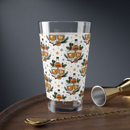 Whiskey Holiday Mixing Glass — 16oz Festive Cocktail Mixing Glass with Bottle & Glass Pattern (Free Shipping)