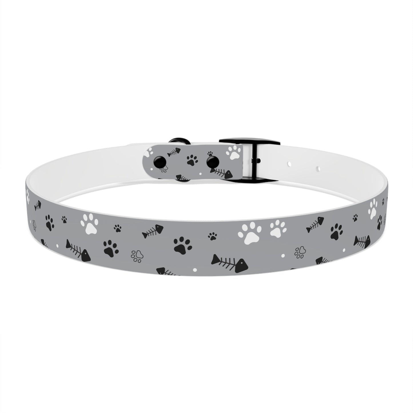 Grey Paw Print Dog Collar — Cute Bone & Paw Design, Durable Adjustable Pet Collar